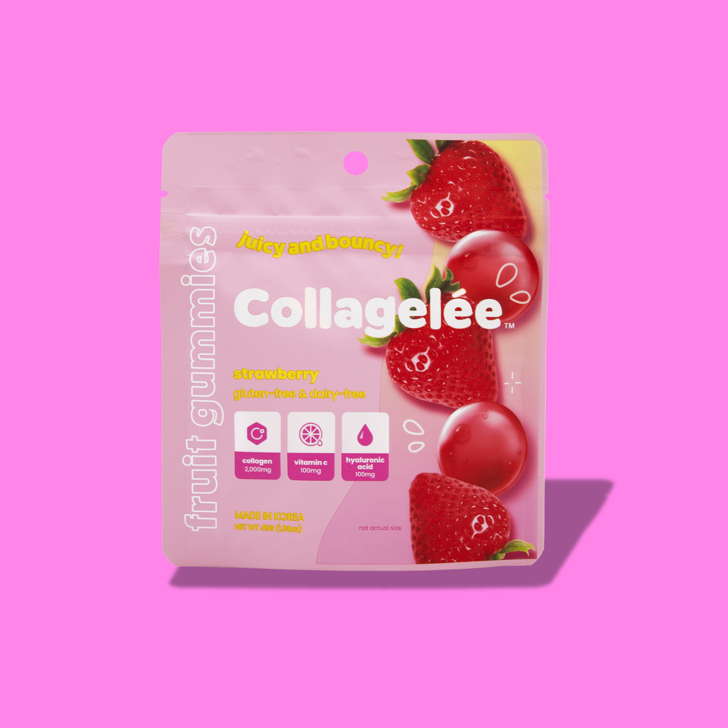 Packaging of Collagelée strawberry-flavored fruit gummies against a pink background. The package highlights that it is gluten-free and dairy-free with an emphasis on collagen content.