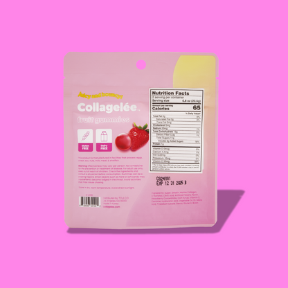 A pink bag of collagen-infused gummies set against a pastel pink backdrop, highlighting its health and beauty benefits and nutrition facts.