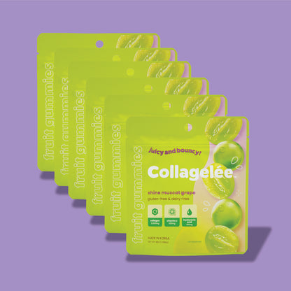 6 pouches of shine muscat grape Collagen-Infused gummies on a purple background.