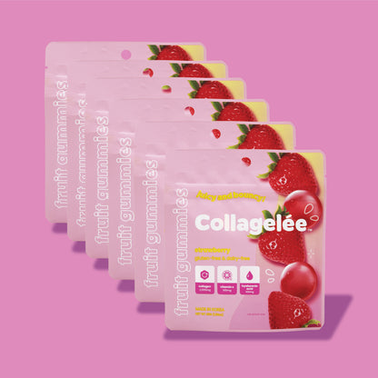 6 pouches of Collagelée strawberry-flavored fruit gummies against a pink background. The package highlights that it is gluten-free and dairy-free with an emphasis on collagen content.